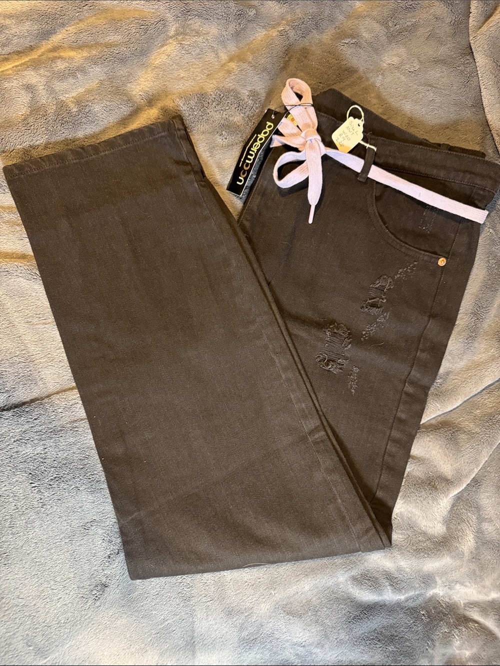 Papermoon Straight Leg Black Jeans with Lavender Belt, Size L